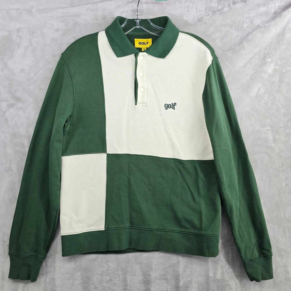 GOLF WANG Colorblock Long Sleeve Polo Shirt Green Cream Mens Size Small